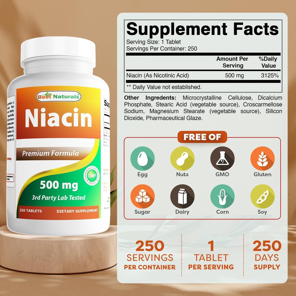 最高のナチュラルナイアシン500mg 250錠フラッシュ - また、コールされたビタミンB3(250カウント))