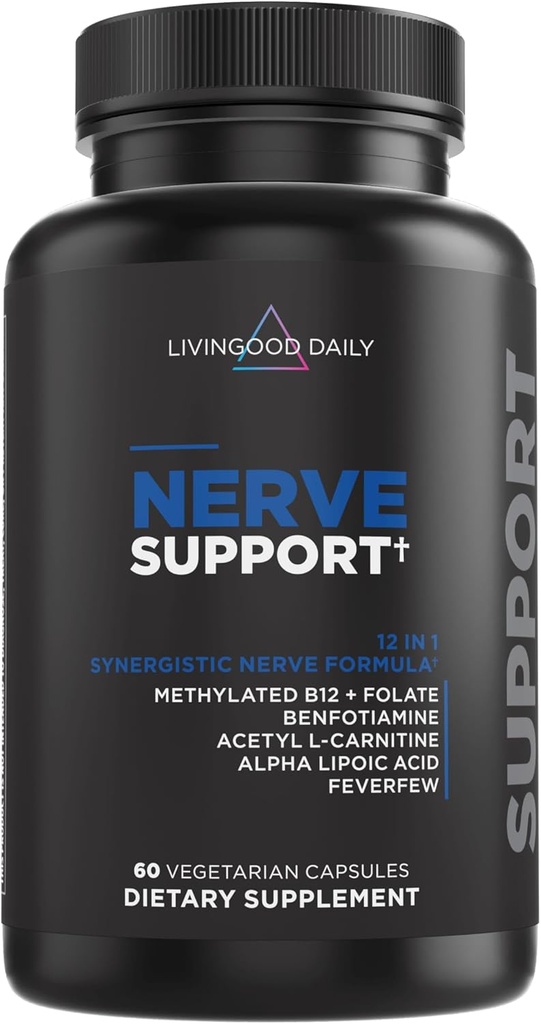 Livingood Daily Nerve Support Supplement for Women & Men, 12-in-1 Nerve Health Formula with Methylated B12, Folate, Benfotiamine, Alpha Lipoic Acid & Feverfew, Gluten Free, Non-GMO, 60 Capsules