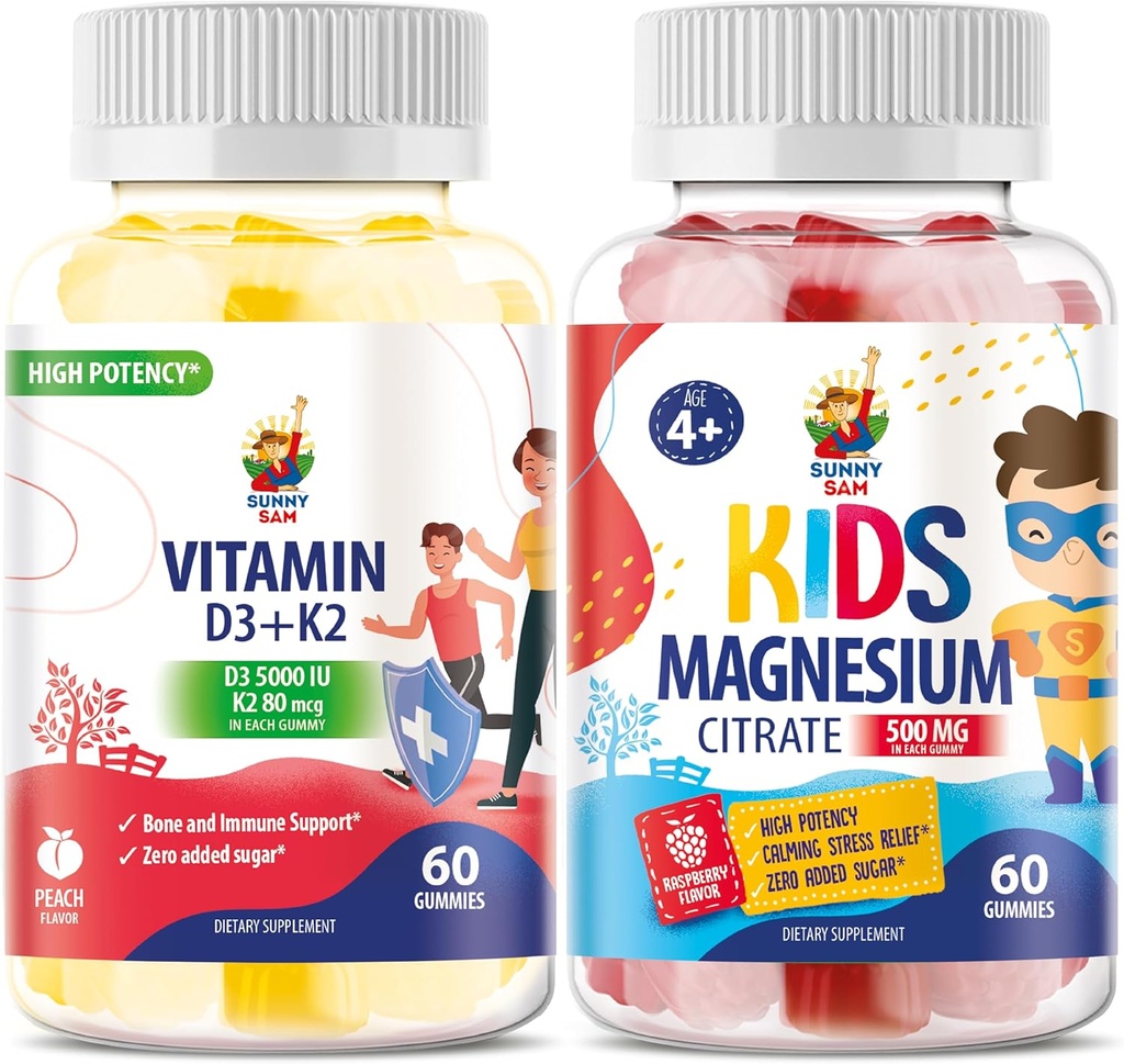 Magnesium Gummies for Kids & Vitamin D3 K2 Gummies 5000 IU - Immune & Bone Support - Sugar-Free Vitamin D Gummy Supplement - High-Absorption, Vegan, Gluten-Free Gummies for Adults