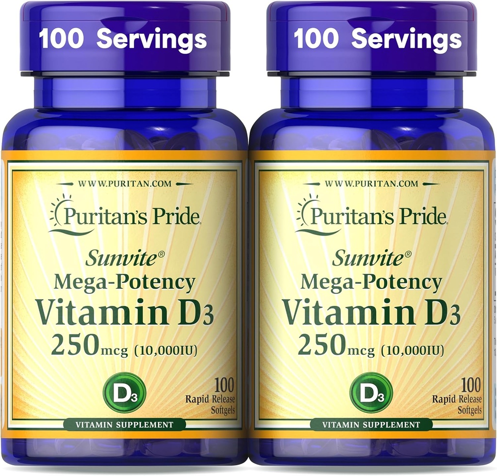 Puritan's Pride Premium SunviteTM Mega-Potency Vitamin D3 10,000 IU、健康な骨、歯および免疫システムサポートのための栄養補助食品、100 Rapid Release Softgels