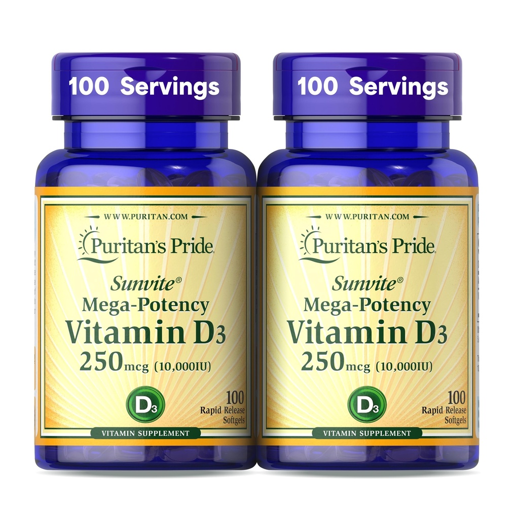 Puritan's Pride Premium SunviteTM Mega-Potency Vitamin D3 10,000 IU、健康な骨、歯および免疫システムサポートのための栄養補助食品、100 Rapid Release Softgels
