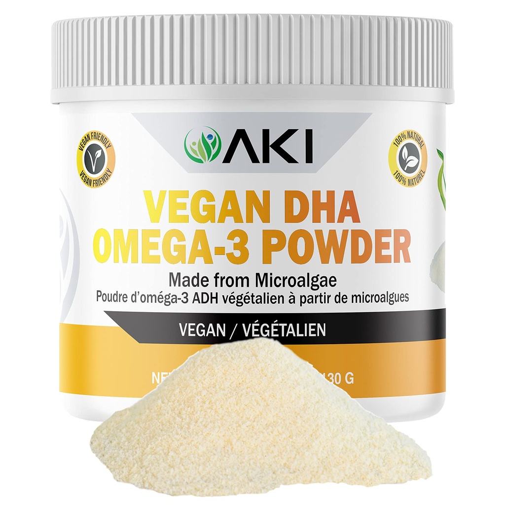 AKI Omega 3 DHA マイクロ藻パウダーサプリメント - 植物ベースのKetoビタミン - 魚やKrillオイルの代替 - ビーガン&非GMO (4.58oz / 130g)