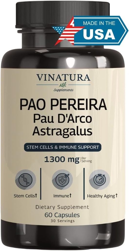 VINATURA Pao Pereira + PAU D'Arco、Astragalus - 1300MGサービング、米国製&テスト、幹細胞と免疫サポート、60カプセル