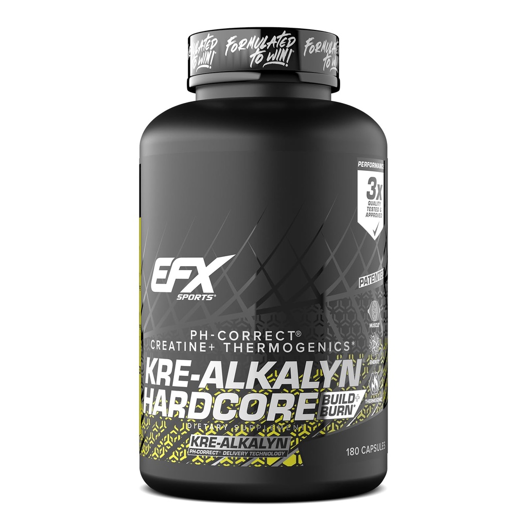 EFX Sports Kre-Alkalyn ハードコア | Thermogenic pH の正しいクレアチンの Monohydrate の丸薬の補足 | エネルギー及び強さのプレワークアウト | 60 のサービング、180 のカプセル