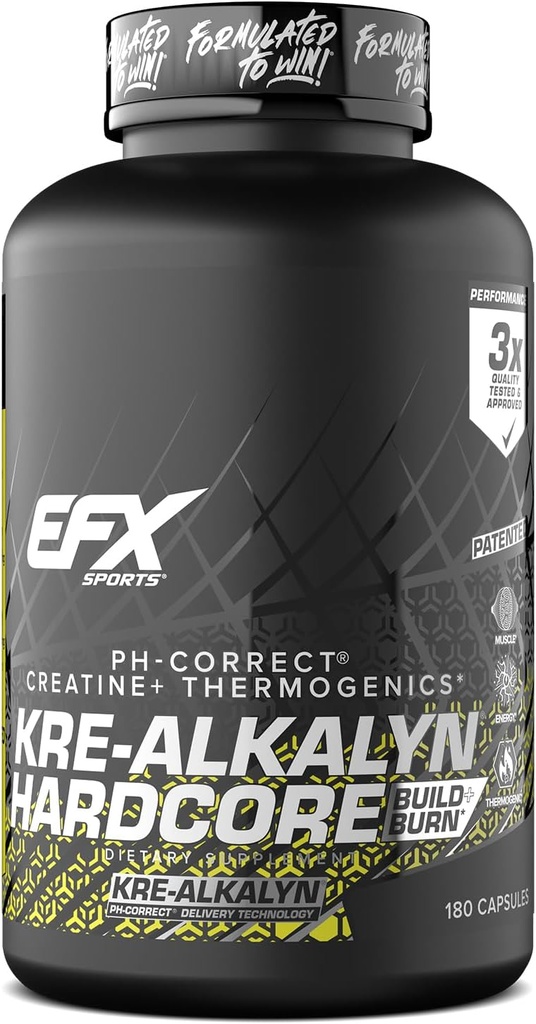 EFX Sports Kre-Alkalyn ハードコア | Thermogenic pH の正しいクレアチンの Monohydrate の丸薬の補足 | エネルギー及び強さのプレワークアウト | 60 のサービング、180 のカプセル
