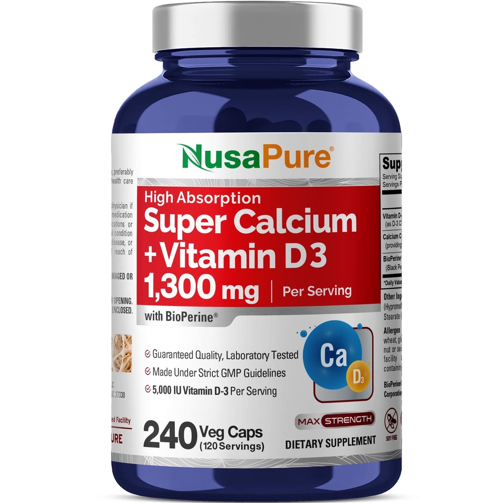 NusaPureの極度のカルシウム1300mgのビタミンD3-240 Veggieの帽子(非GMO、無臭、Bioperine)