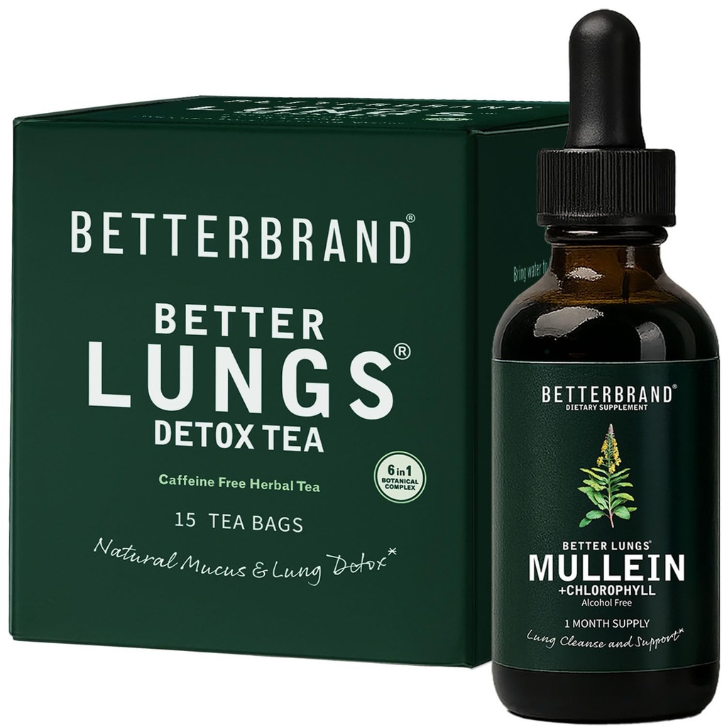 Betterbrand BetterLungs Health Pack - Better Lungs Detox Tea & Mullein Leaf Tincture Drops | (2) Daily Respiratory Wellness