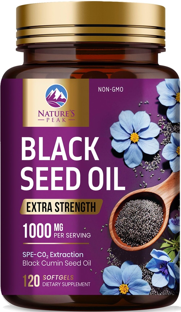 ブラックシードオイル1000mg - プレミアムエクストラ強度ニゲラサティバブラックシードオイルスキン、消化の健康&免疫サポート - 非GMO抗酸化剤、グルテンフリーサプリメント - 120 Softgels
