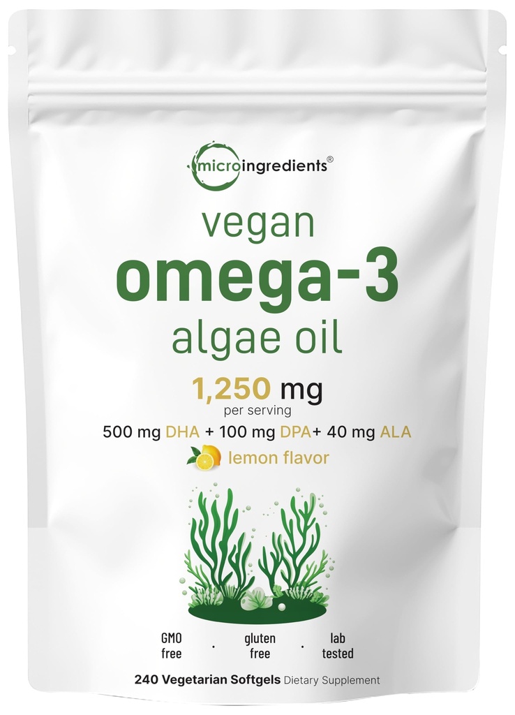 マイクロ成分ビーガンオメガ3藻油、240ベジギーソフトゲル | フィッシュオイル代替品 | DHA 500mg & DPA 100mg | カラギーナンフリー | 植物ベースのオメガ3 亜麻仁&ALA | レモン風味