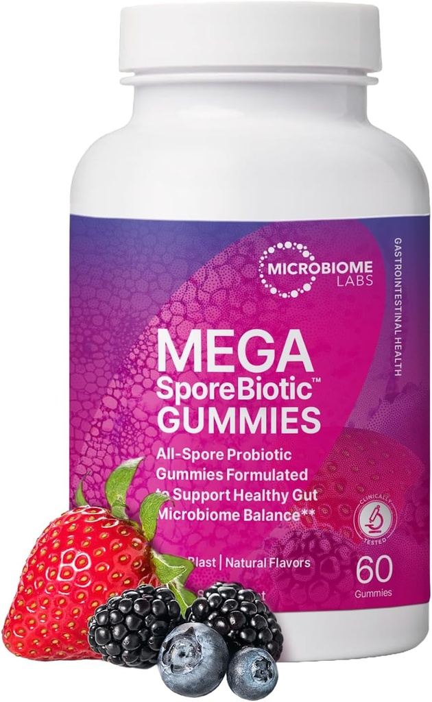 Microbiome Labsは、女性、男性、子供向けのプロバイオティック・グミイズを拠点とする - MegaSporeBiotic Gummies - 消化の健康とマイクロバイオムのサポートのための4 Bacillus Probiotics - ベリー・フレーバー(60 Gummies)