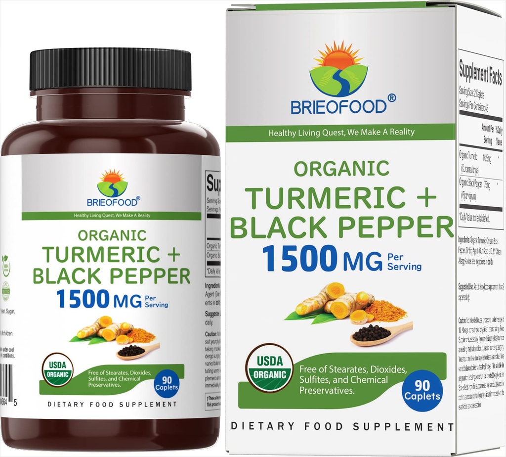 Brieofoodオーガニックターメリックとブラックペッパー1500mg、45サービング、ベジタリアン、グルテンフリー、90ベジタリアンタブレット