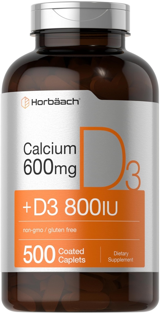 ビタミンD3配合のホバハチカルシウムサプリメント | 600mg | 500枚のカプレット | 女性・男性向け | GMO・グルテンフリー