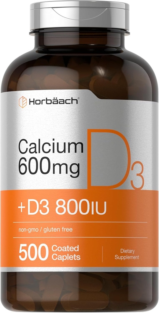 Horbäach Calcium Supplement with Vitamin D3 | 600 mg | 500 Coated Caplets | for Women and Men | Non-GMO & Gluten Free