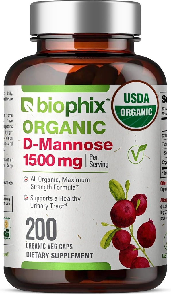 Biophix D-Mannose USDA オーガニック 1500 mg 200 Veggie キャップ - ヘルシーな膀胱尿路をサポート, 非GMO, ビーガンフレンドリー