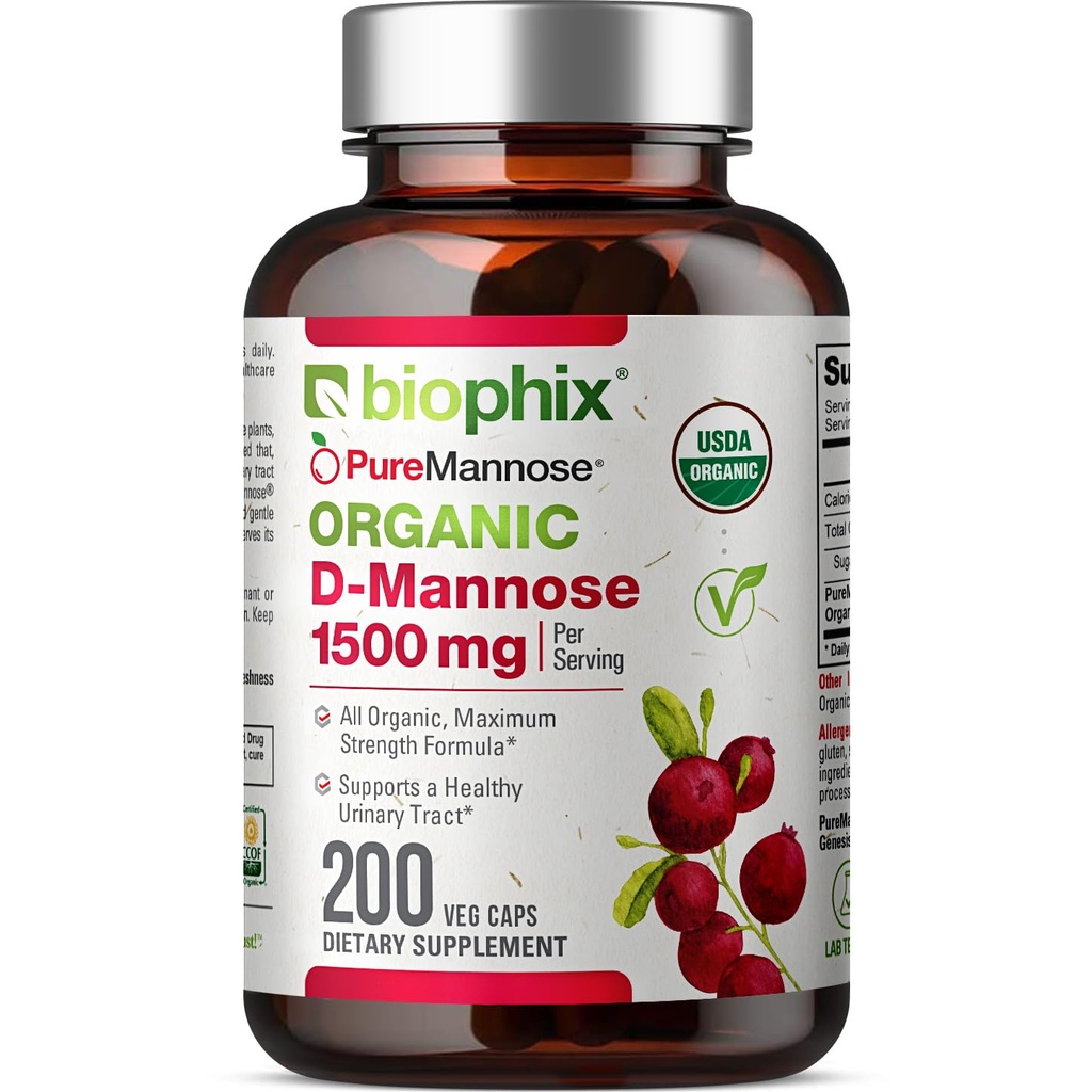 Biophix D-Mannose USDA オーガニック 1500 mg 200 Veggie キャップ - ヘルシーな膀胱尿路をサポート, 非GMO, ビーガンフレンドリー