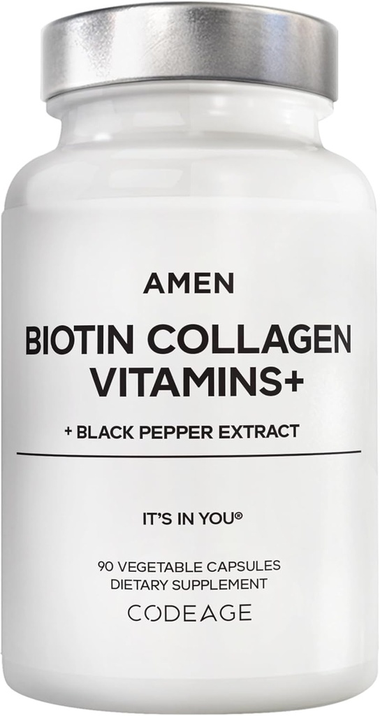 Amen Biotin Collagen Vitamins+ 10,000 mcg Biotin Supplement - Hydrolyzed Collagen, Vitamins C & E, Folate, Hyaluronic Acid, Keratin, MSM, Saw Palmetto - 3-Month Supply - Non-GMO - 90 Capsules
