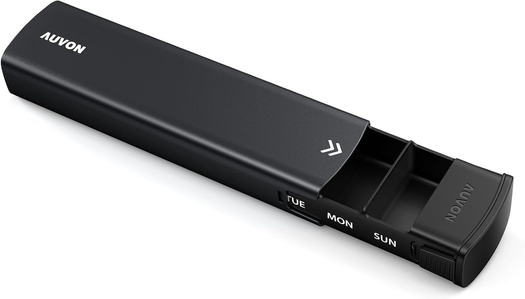AUVONメタルウィークリーピルオーガナイザー、スライドデザイン、プライバシー保護のためのスタイリッシュな旅行ピルボックス7日、サプリメント、魚油(黒)のための大型コンパートメント付きアルミ合金ピルケース