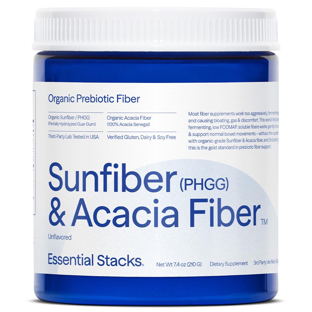 エッセンシャルスタック有機サンファイバープレバイオティックファイバー(Partially Hydrolyzed Guar Gum/PHGG)とアカシアファイバーパウダー - グルテンフリー、非GMO&無防爆繊維(7.4 oz)