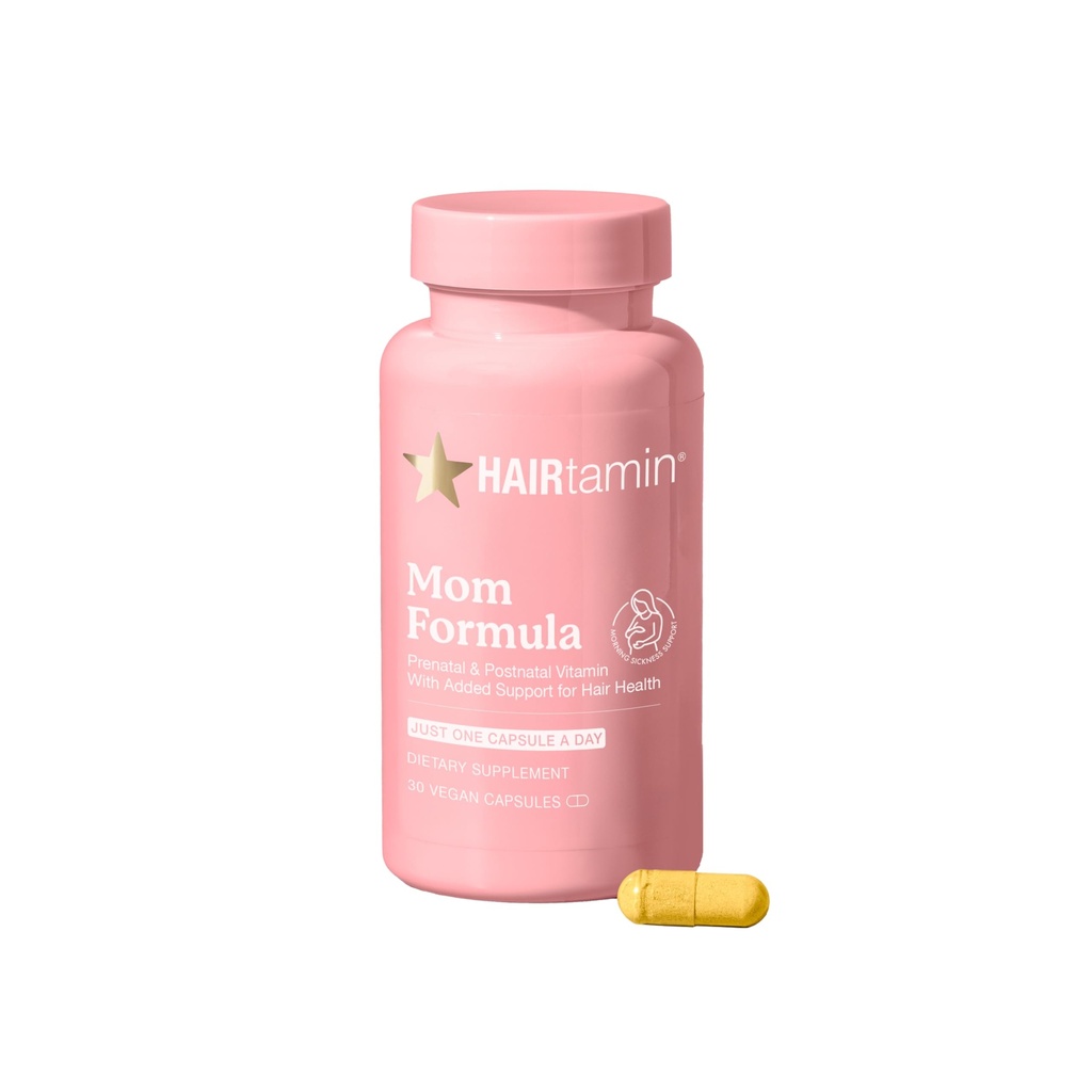 HAIRtamin MOMビーガンプレナタル&ポストナタルマルチビタミンサプリメント&ヘアビタミン妊娠、産後のプロバイオチン、亜鉛、鉄(30カウント)とプロバイオティックワンデーヘアビタミン