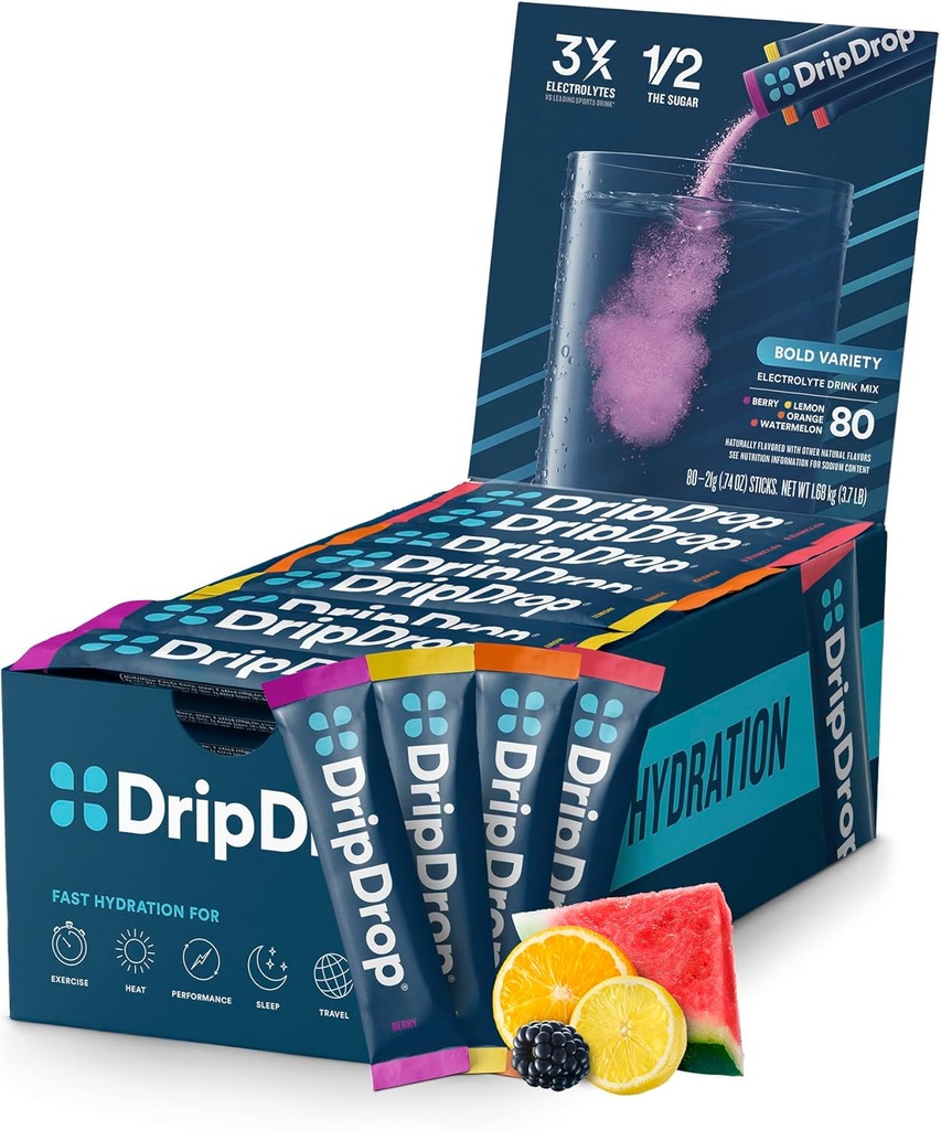 DripDrop 水分補給パケット - ボルドバラエティパック - シングルセルブ電解液パウダードリンクミックス - ウォーターメロン、ベリー、レモン、オレンジ - 非GMO、グルテンフリー、ビーガン - 80スティック