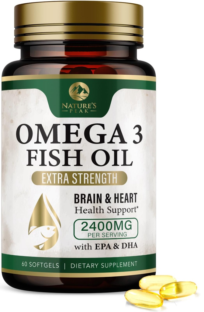 Omega 3 魚油の丸薬 2400mg - トリプル強度オメガ 3 魚油サプリメント - ベスト EPA & DHA 脂肪酸 脳の健康サポート、自然のオメガ3 サプリメント、30 日供給 - 60 ソフトゲル