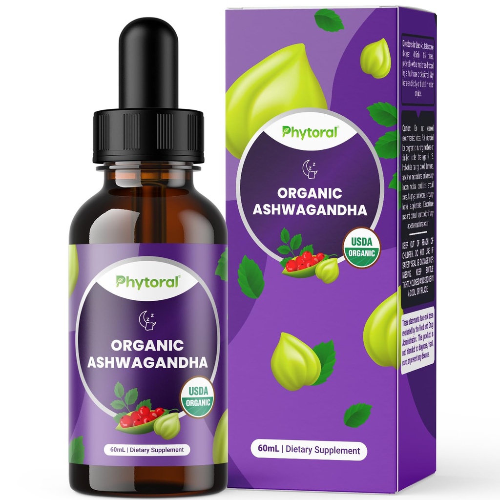 Phytoral Organic Ashwagandha 液体は大人のために低下します - エネルギーおよび気分のサポートのための強力な液体 Ashwagandha の根のエキス - Tincture ビーガン非 GMO グルテンフリー & アルコールフリー (120 のサービング)