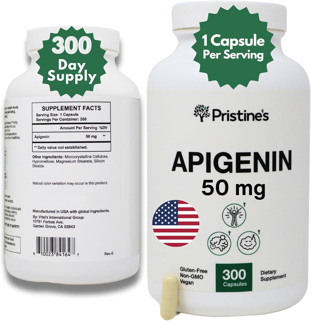 PRISTINE'S Apigenin 50mg 300 Day Supply Supplement for Sleep Capsules - Prostate Support Supplement Found in Chamomile Powder for Relaxation, Healthy Aging, Brain & Heart Health, & Immunity