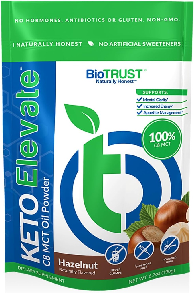 BioTrust Keto Elevate - C8 MCTオイルパウダー - Ketogenic MCTコーヒークリーマー、Ketoコーヒークリーマー - クリーンエネルギー、メンタルフォーカス&クラリティ - 100%のカプリル酸MCTパウダー、非GMO(ヘーゼルナッツ、20のサービング)