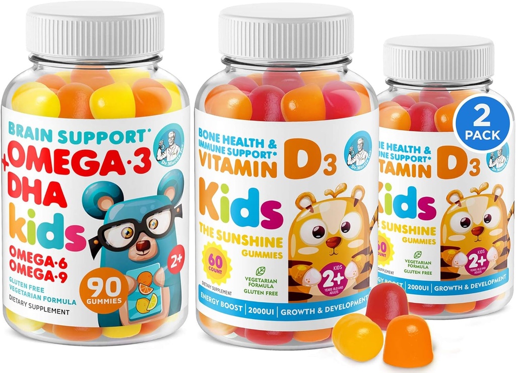 Omega 3 DHA グミーとビタミン D ガミー 子供のための & 大人 - 魚油とグルテンフリーの免疫健康植物ベースの繊維咀嚼なし