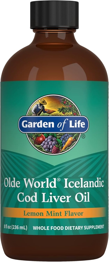 Garden of Life Olde World Icelandic Cod Liver Oil Liquid - Lemon Mint Flavor - 1,000mg Omega 3 Fish Oil, Fatty Acids, EPA, DHA, Vitamin D & A, CLO Supplements for Hearth Health, 47 Servings