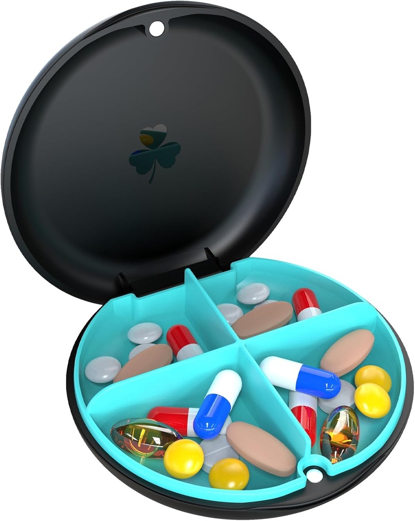 4 Compartmentの小さい丸薬箱、湿気の証拠の丸薬の箱、ポケット財布のための旅行丸薬のオルガナイザー、毎日の携帯用薬のビタミン箱、魚油箱、補足箱(Black+Cyan)