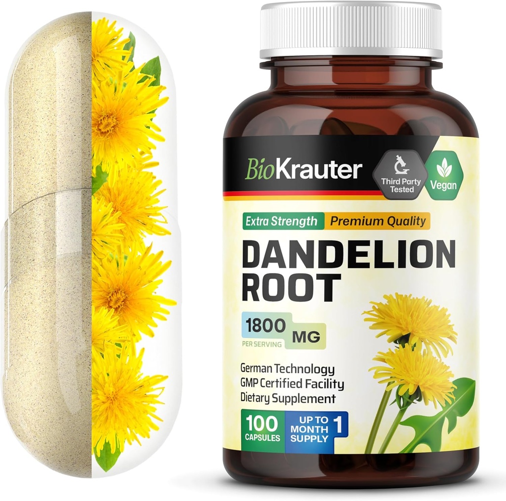 BIO KRAUTER Dandelion Root カプセル - 1800 mg 強度 - 100 カウント - Dandelion Root サプリメント - 肝臓サポートのためのビーガンカプセル