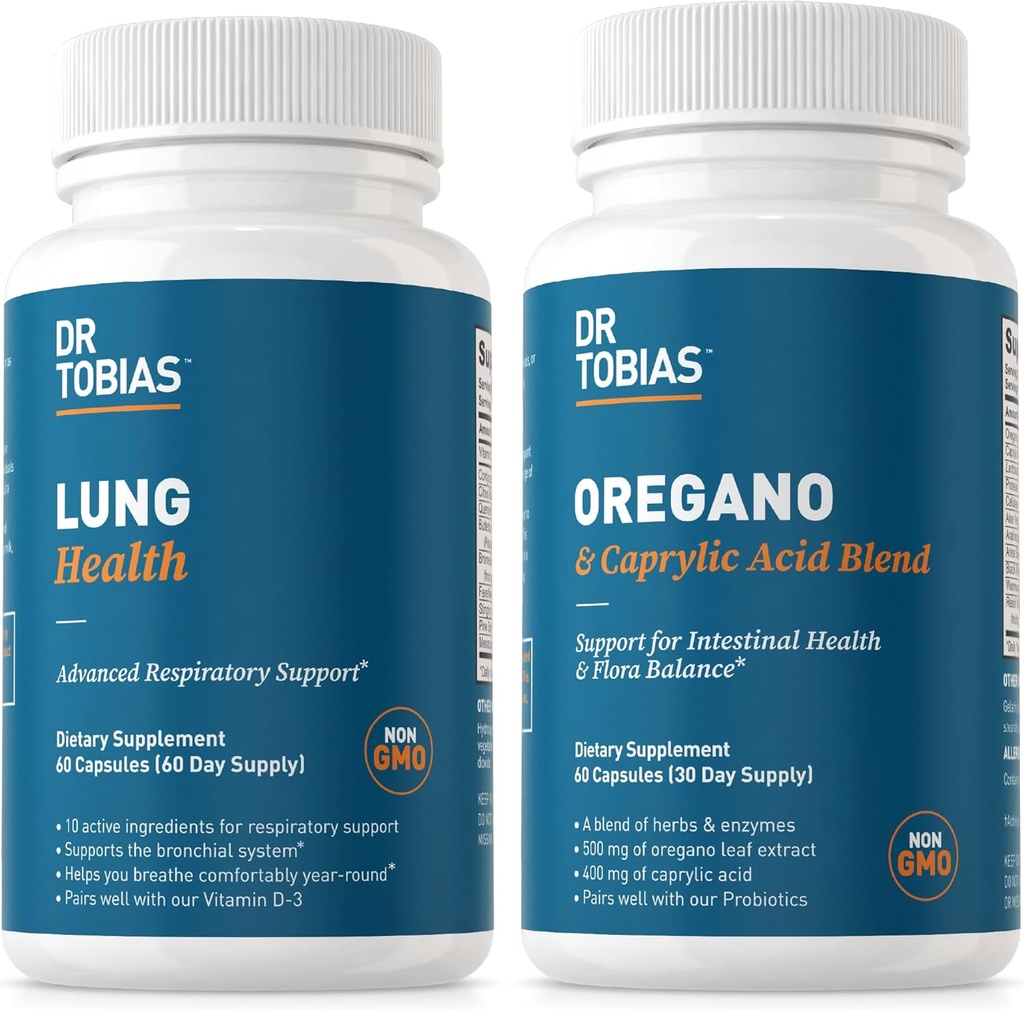 Dr. Tobias Lung Health and Oregano & Caprylic Acid Blend, Lung Cleanse & Detox, Intestinal Health, 女性&男性のためのプレバイオティクス&ハーブとの免疫サポート