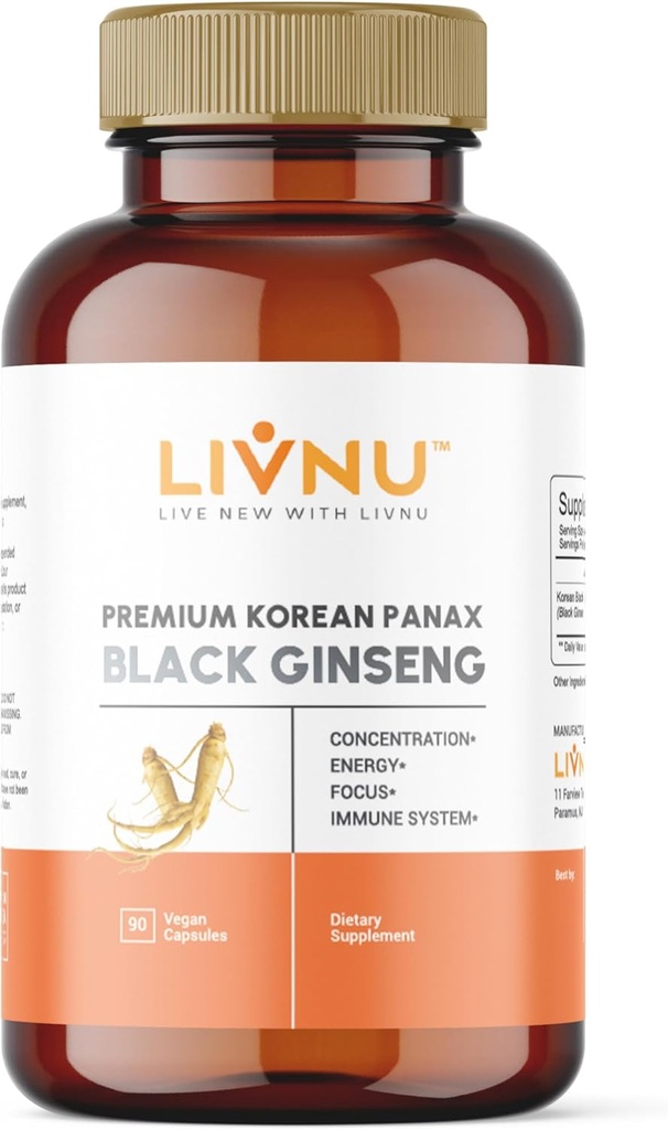 LivNu | プレミアム韓国黒パンアックス・ジンセン | エネルギー・フォーカス・性能・スタミナ・免疫サポート | ヴィーガン・ピルス