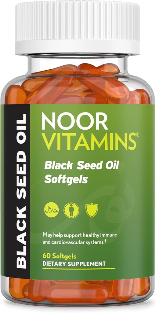 Noorのビタミンのハラールの黒い種のオイルのカプセル、ハラールのビタミン、Nigella Sativa、Thymoquinone、非GMOのグルテンフリー、60の計算からの1000のmgの黒の種のオイル