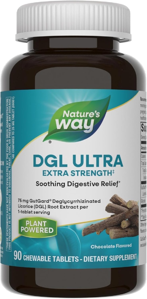 Nature's Way DGL Ultra Extra Strength**、Premium Licorice Root Extract、Gutgard、Vegan&Gluten Free、チョコレートフレーバー、90 Chewableタブレット(パッケージ5月Vary)