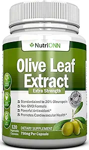 Olive Leaf Extract - 750 Mg - 120 Capsules - Extra Strength - 20% Oleuropein - Non-GMO Formula - Premium Quality From Pure Olive Leaves - Powerful Antioxidant - Great for Heart, Skin and Brain