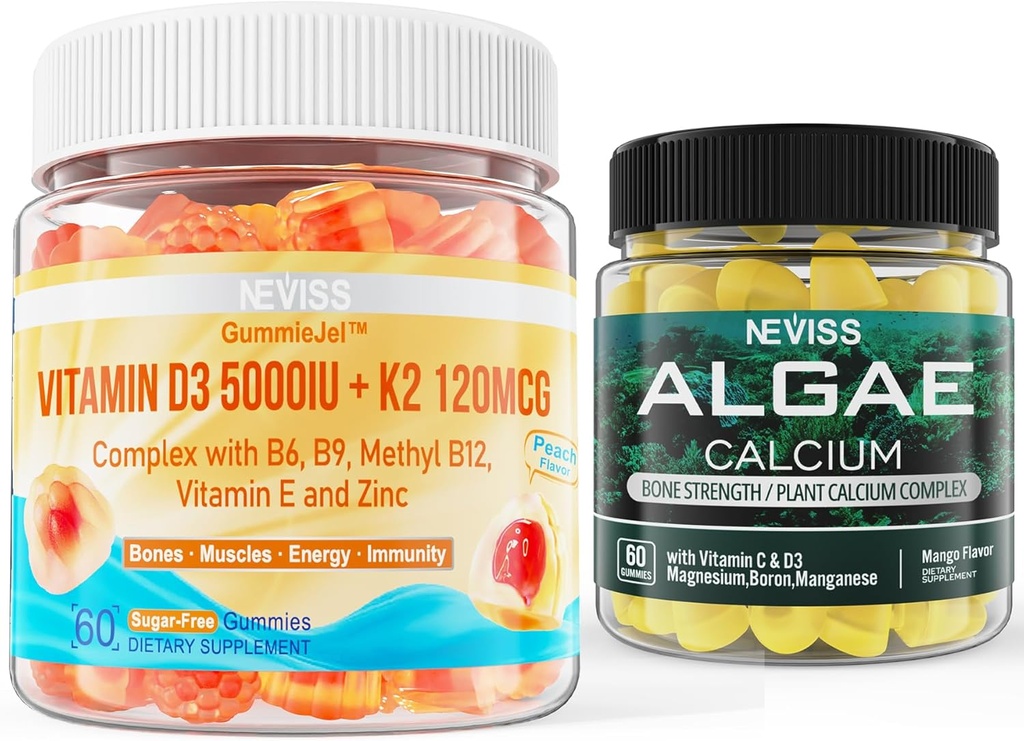NEVISS D3 5000IU K2 Gummies + Marine Algae Calcium Gummies Bundle