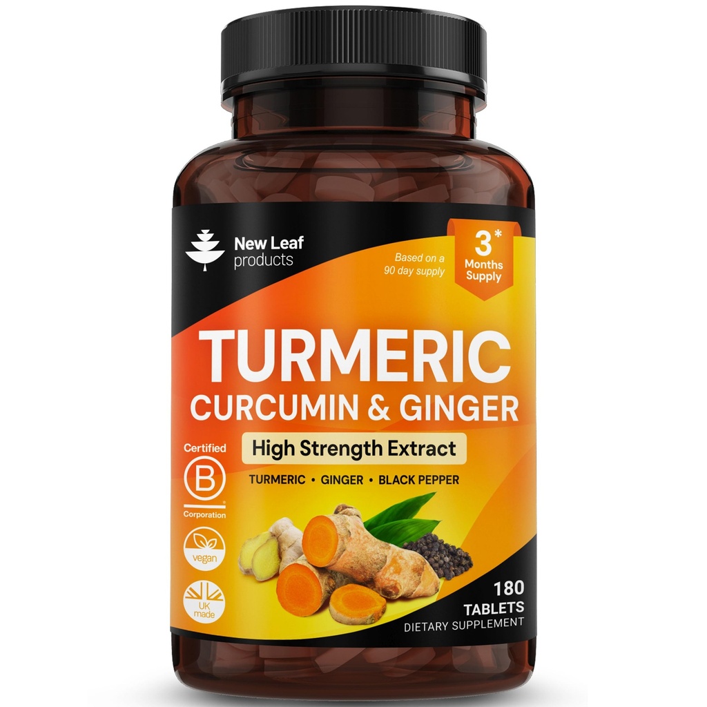 ブラックペッパー&ジンジャー付きターメリック錠 - Curcumin - 180ターメリックとブラックペッパー錠(3ヶ月)高強度アクティブターメリックサプリメントはカプセルではなく、新しい葉で