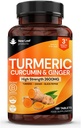 ブラックペッパー&ジンジャー付きターメリック錠 - Curcumin - 180ターメリックとブラックペッパー錠(3ヶ月)高強度アクティブターメリックサプリメントはカプセルではなく、新しい葉で