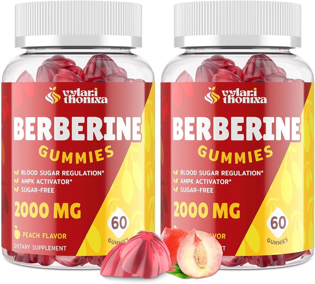 2000mg Berberineの補足のグミ - セイロンシナモンキャンディ、ターメリック、マグネシウム、クロム - 砂糖無料、ビーガン、非GMO、グルテンフリー - ピーチフレーバー60グミ - 2パック