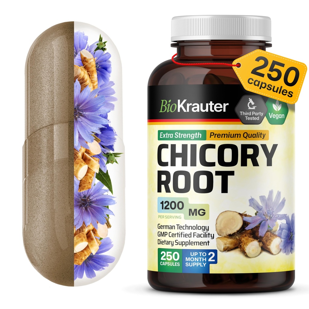 BIO KRAUTER Chicory 繊維の補足 - 1200 の mg の強さ- 250 の計算- Chicory の根の粉-消化器サポートのためのインリンのカプセル- ビーガン