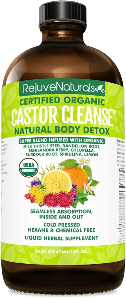 RejuveNaturals Castor CleanseTM - USDA Organic Castor Oil、Chlorella、Spirulina、Roots & Greens for Wellness、Digestive Support、Daily Balance。 女性と男性のための3ヶ月の供給Gut Cleanse Detox - 16oz。