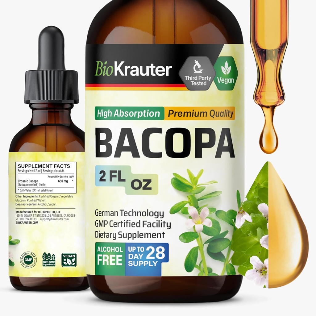 BIO KRAUTER Bacopa Monnieri ドロップ - 脳サポート ブラフミ サプリメント - 液体 Bacopa サプリメント - アルコール & 砂糖無料 - ビーガン 2 Fl.Oz.