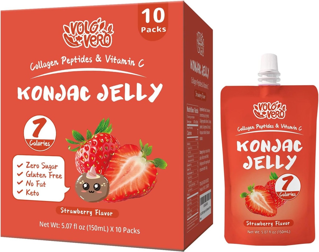 Konjac Jelly Pouch Drinkable Strawberry Flavor, 7 Calories, Gluten Free, Zero Sugar, Keto, Collagen Peptides and Vitamin C, Low Fat Healthy Fruit Snacks, Holiday Gifts, 10 Packs