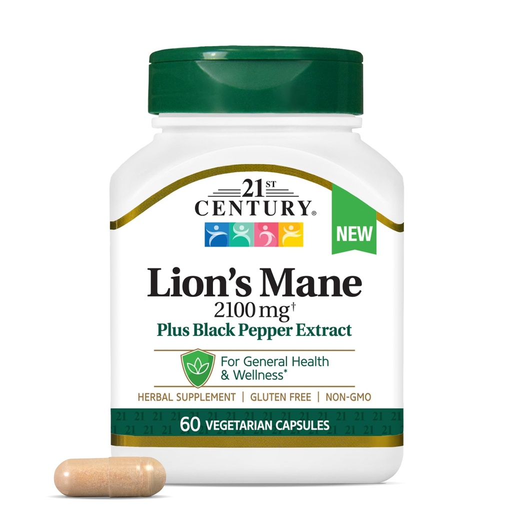 21st Century Lion's Mane 2,100 mg, Plus ブラックペッパーエキス, ベジタリアンカプセル, 60 カウント