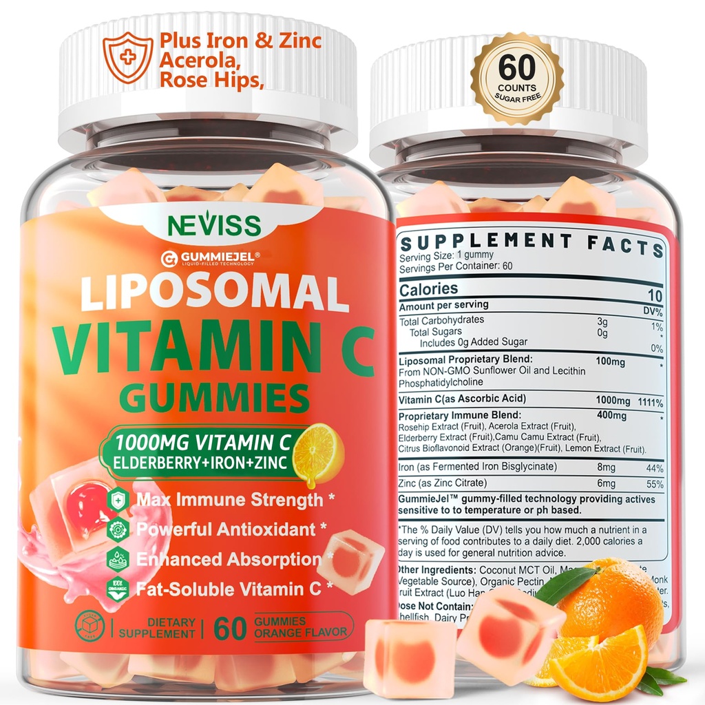 大人のためのLiposomalビタミンC 1000mgグミー - エルダーベリー、亜鉛&8mg鉄でChewableビタミンC、砂糖無料Vit Cサプリメント、エネルギーのための毎日の免疫サポートガミー、コラージュブースター60カウント