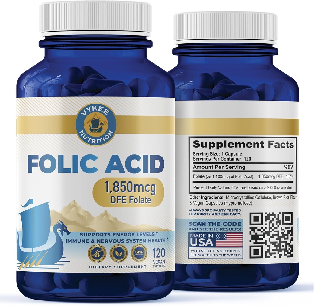 葉酸サプリメント – 高効力ビタミンB9 1,870mg DFE Folate, 1,100mg Folic acid | 完全菜食主義者の, 非GMO | 細胞の健康をサポート, エネルギー生産 & 出生ウェルネス | 120カプセル