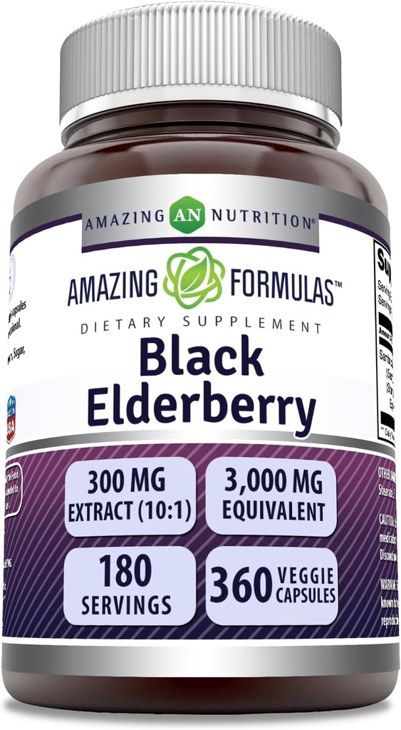 アメイジングフォーミュラ サムブカス ブラック エルダーベリー | 300 Mg エキス 10:1 (3000 Mg 等価) | Veggie Capsule | Non-GMO | Gluten-Free | アメリカ製 パック (1,360 カウント)