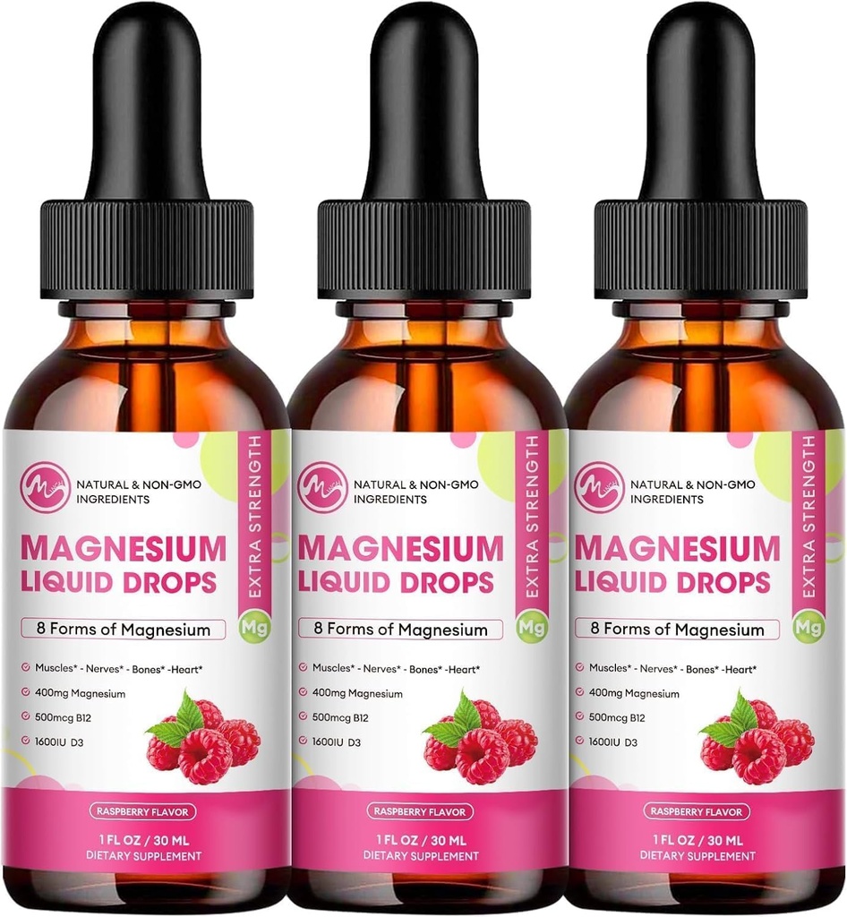 (3 Pack) Magnesium Liquid Drops - 8 in 1 Magnesium Complex Supplement with Magnesium Glycinate, Citrate, Malate, Taurate, for Brain, Night, Muscle, Bone, Cramps, Raspberry Flavor